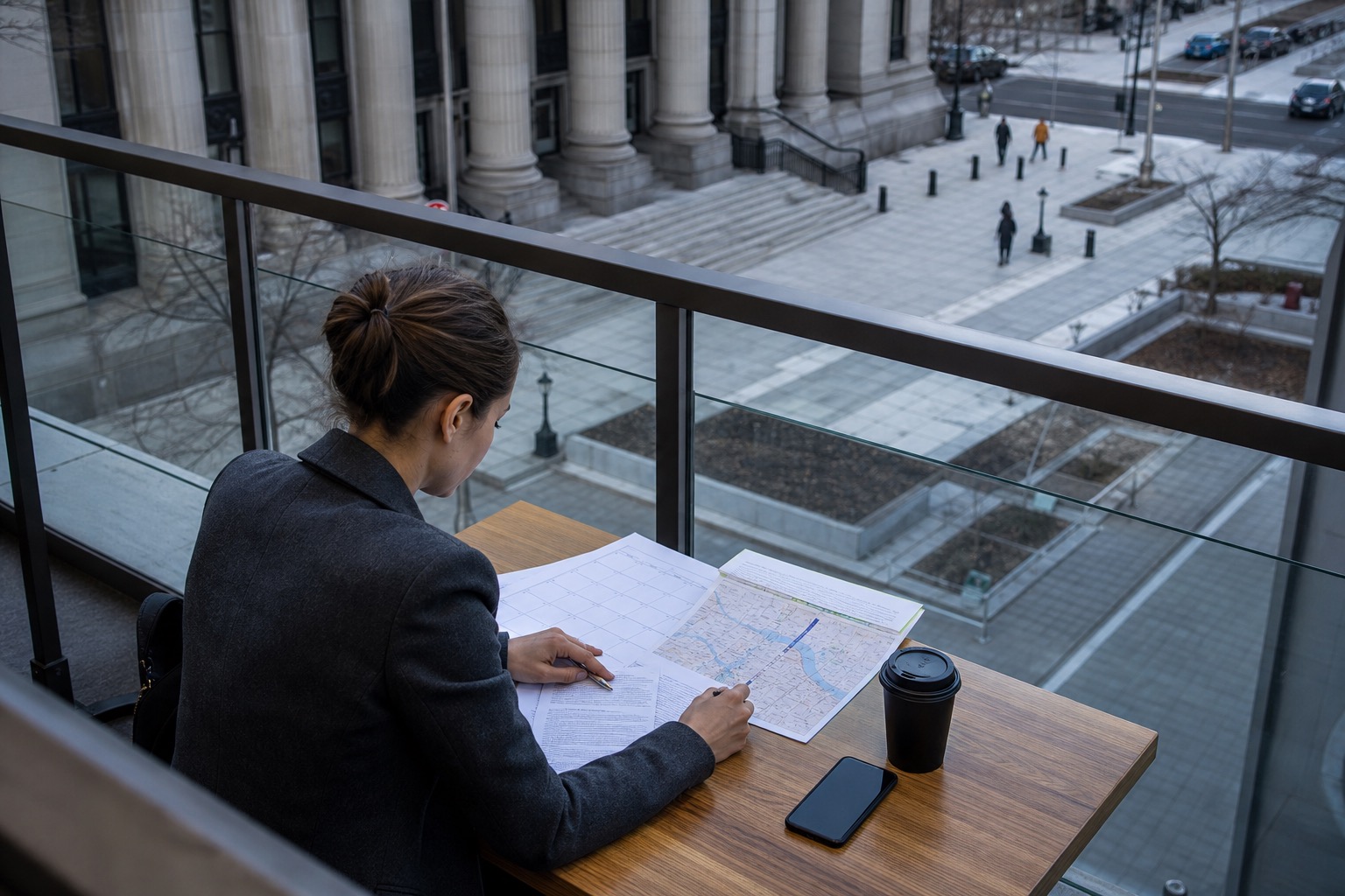 Legal professionals preparing a case, viewed through glass