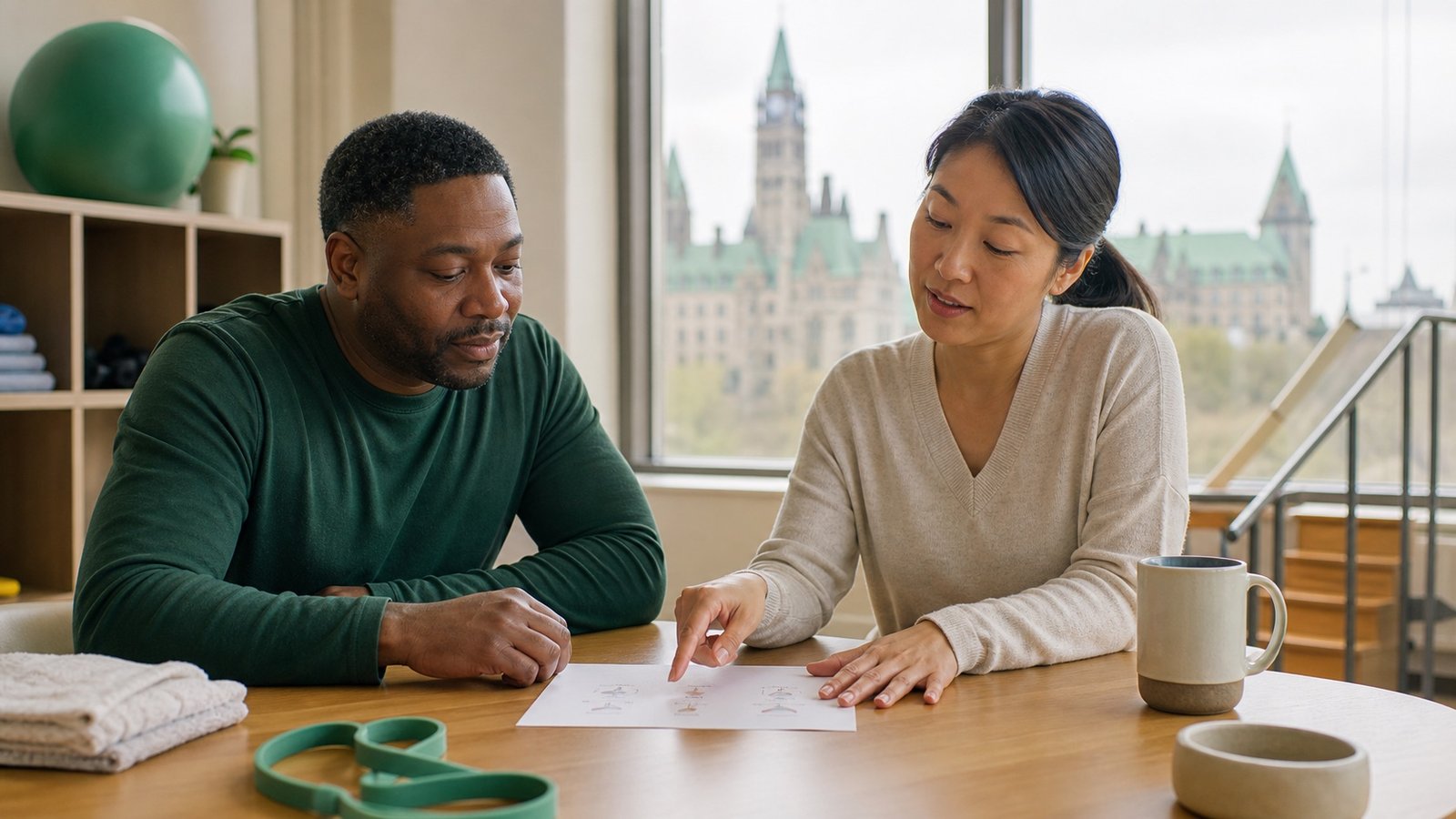 A rehabilitation professional and client reviewing an Ontario recovery plan