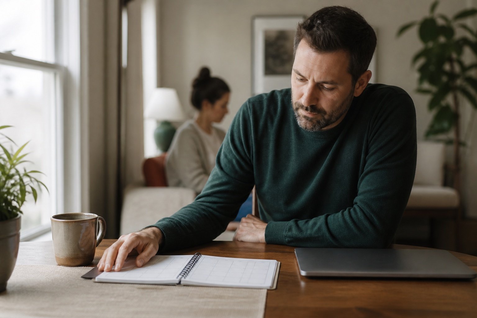 A person pacing a planning task at home during recovery from a concussion