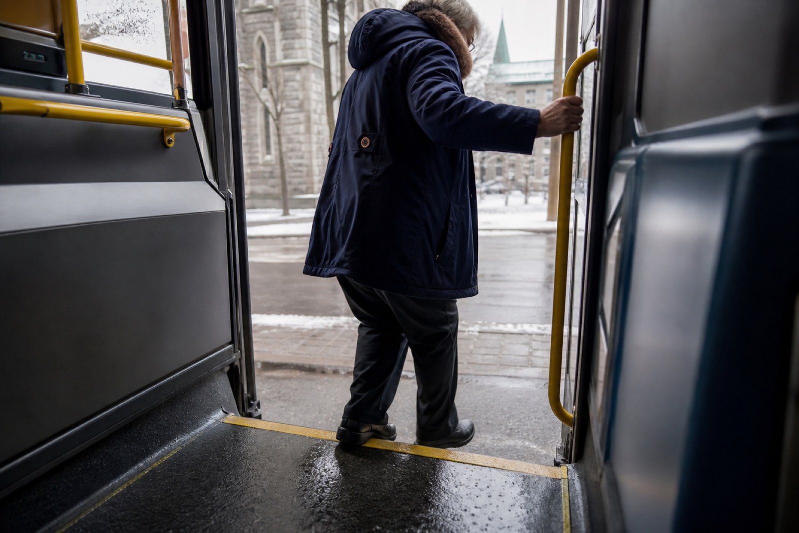 Older passenger stepping from an unbranded Ottawa-style bus from a low angle