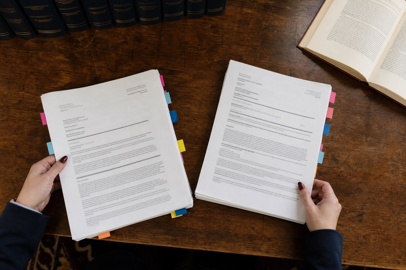 Two organized legal files with coloured tabs viewed from above