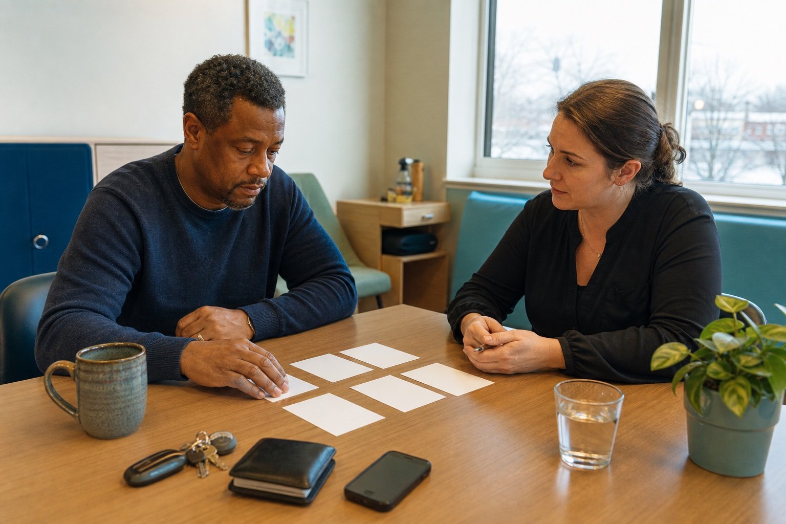 An adult working through a planning task with a rehabilitation professional