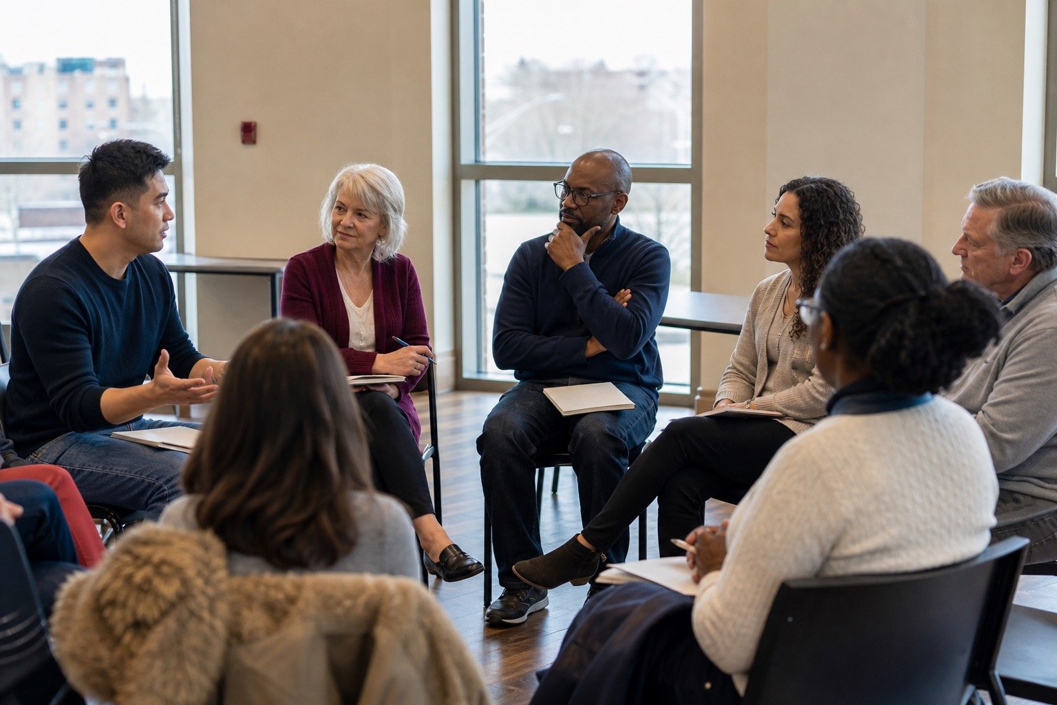 Everyday community information meeting in a bright room