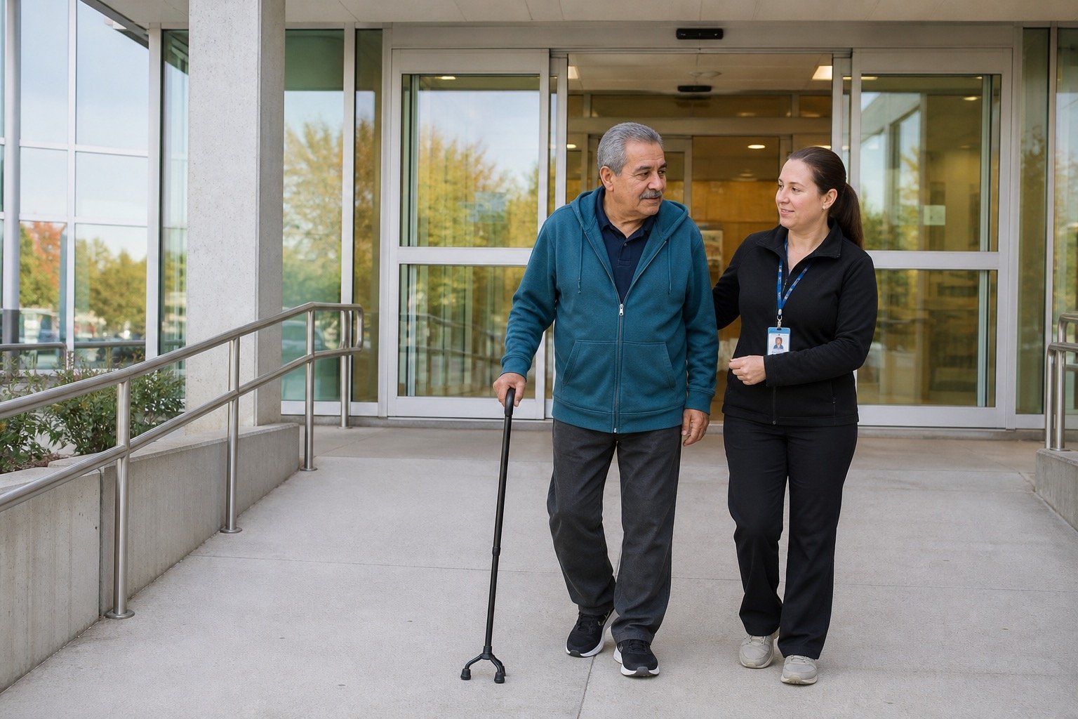 Adult using a cane with support at an accessible community entrance