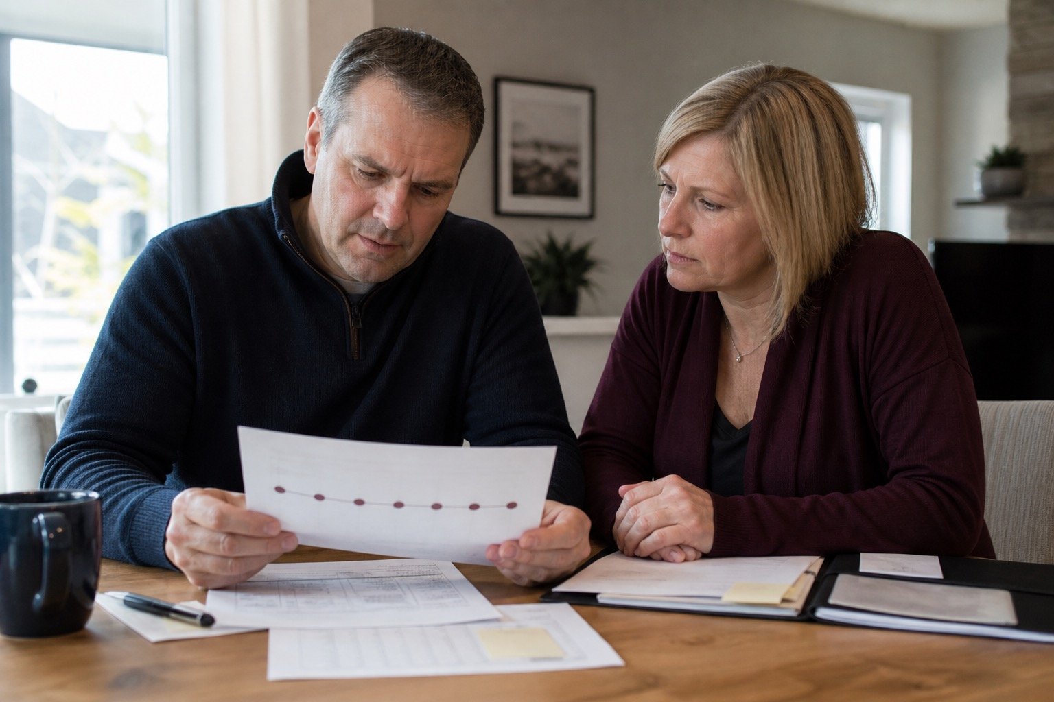 Family members preparing practical questions at a table