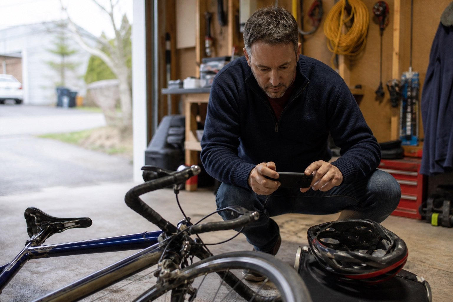 A cyclist photographing a damaged bicycle in a garage