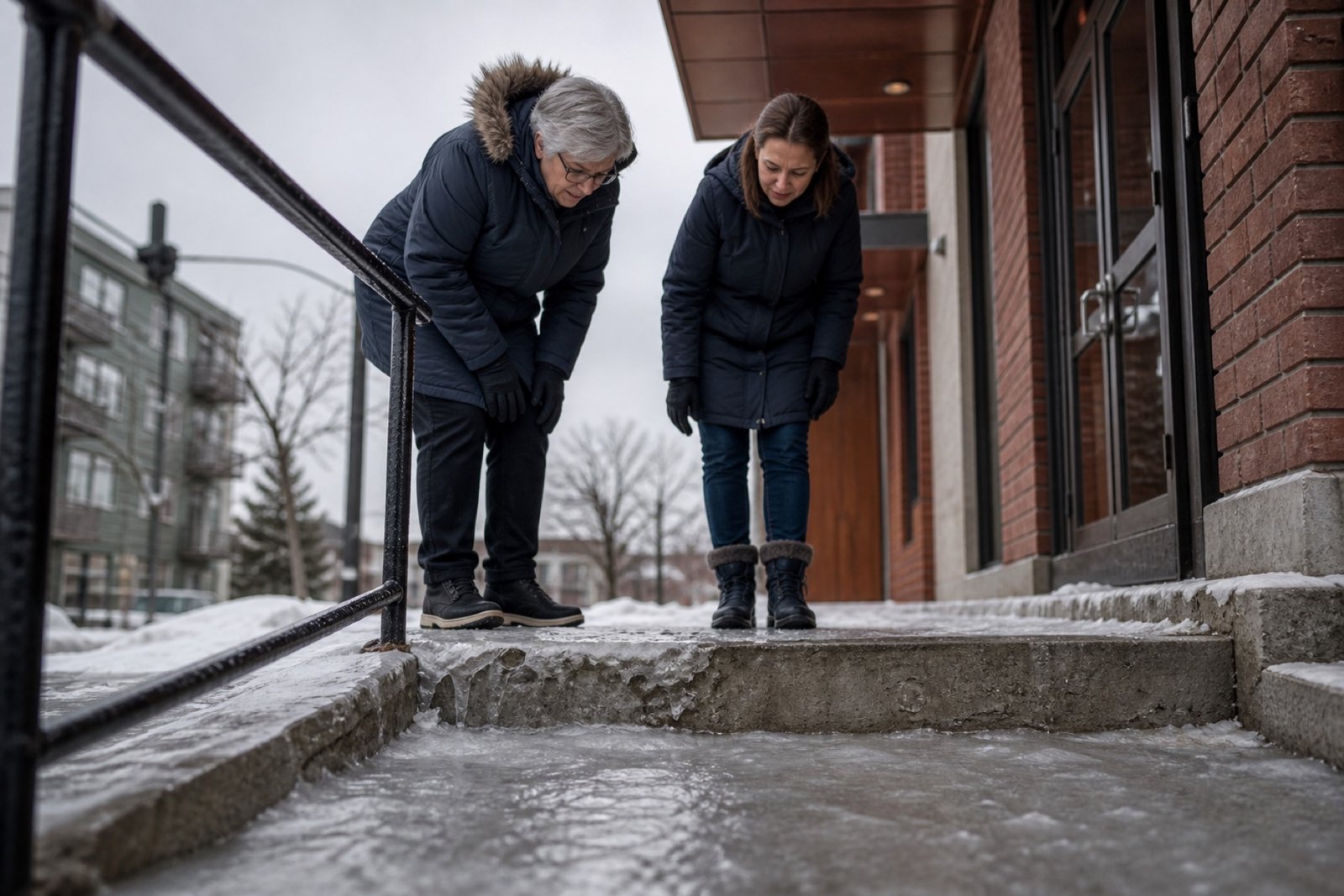 Two adults examining ice at an Ottawa apartment entrance from a low camera angle