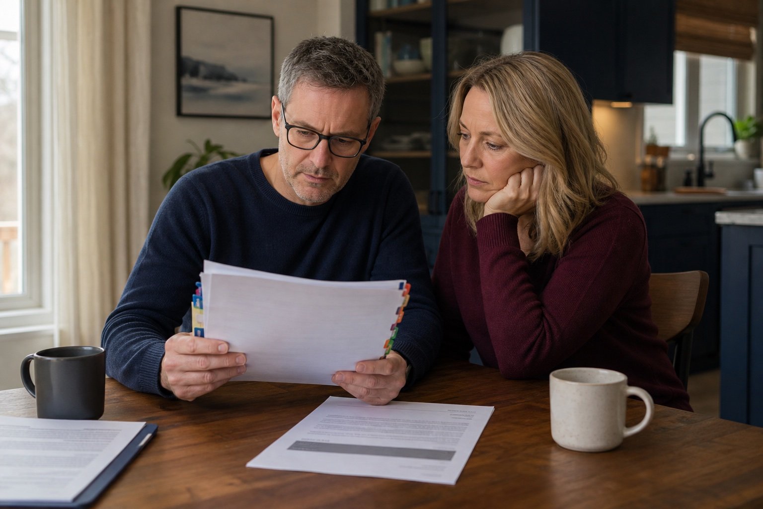 A couple reviewing a long-term disability policy and claim papers at home
