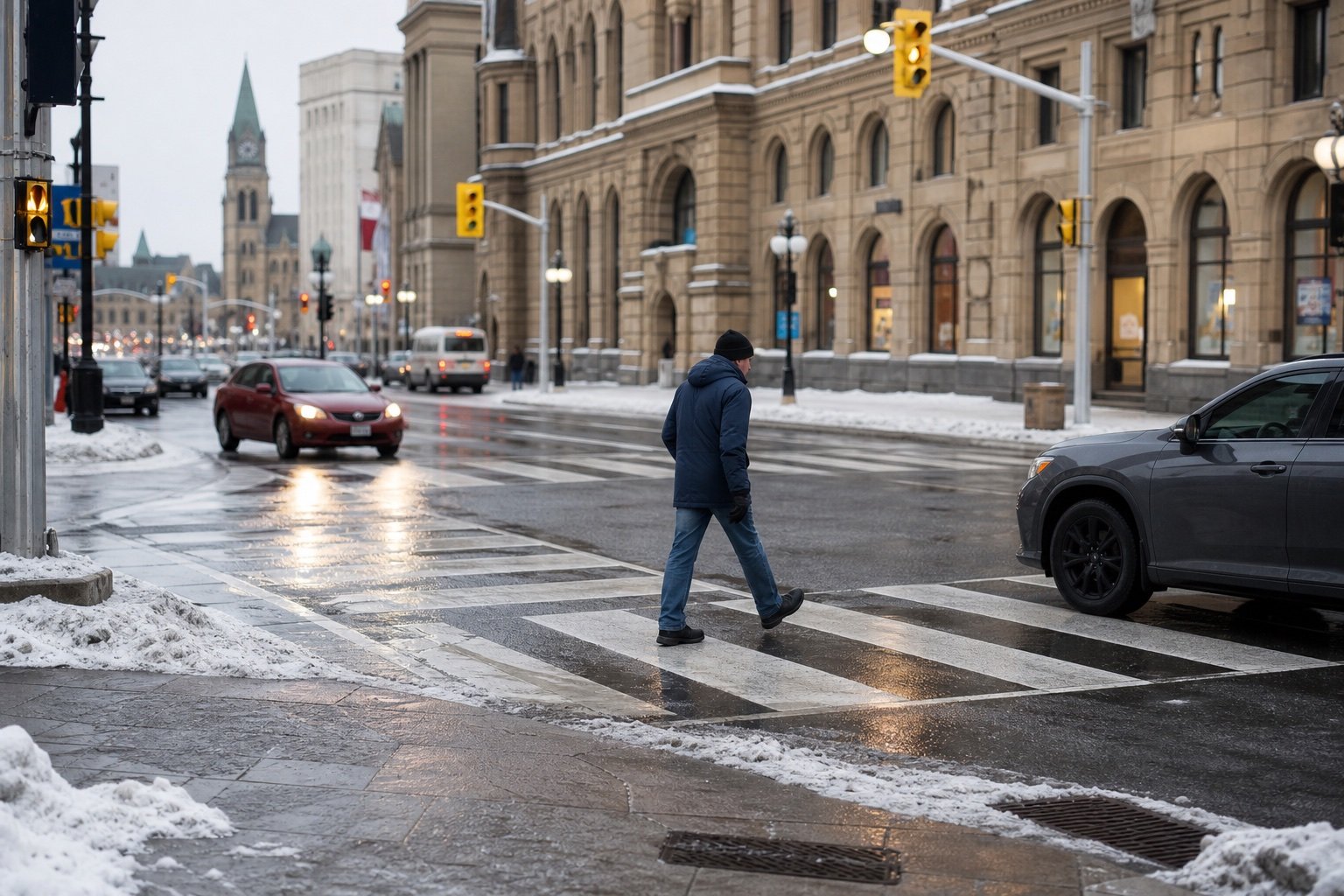 A pedestrian crossing a downtown Ottawa street in winter