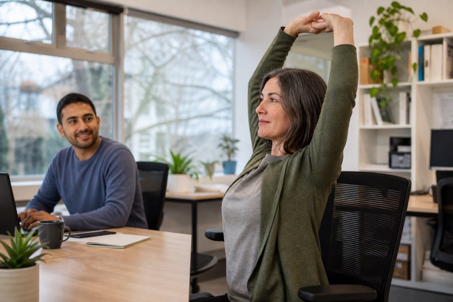 Office worker taking a stretch break during a gradual return