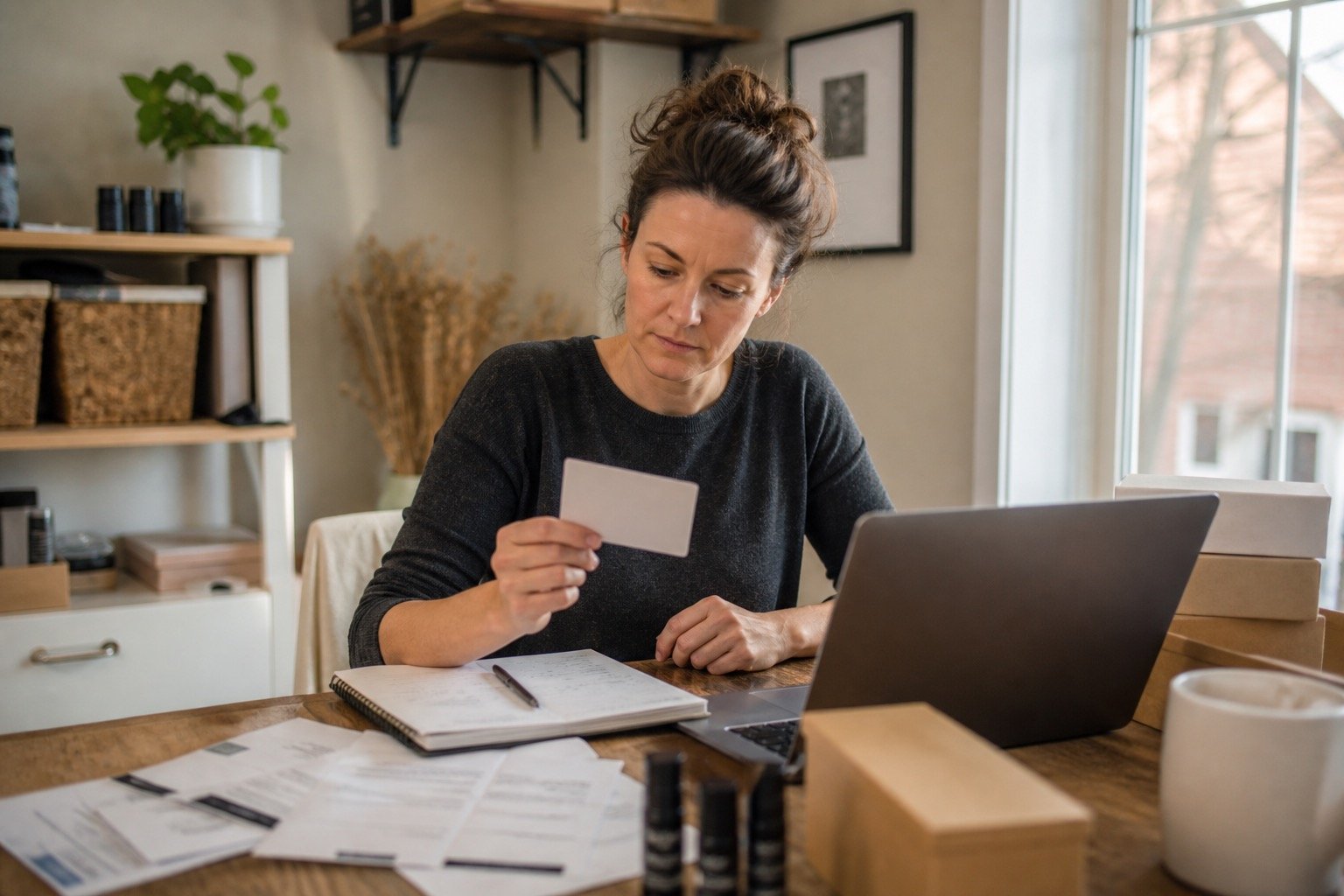 Self-employed person reviewing business records in a home office