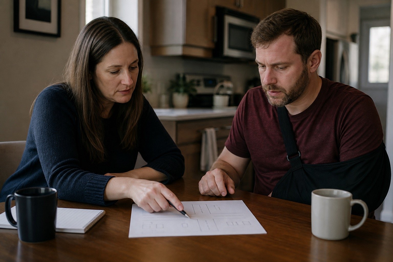 Two adults organizing factual records at a kitchen table